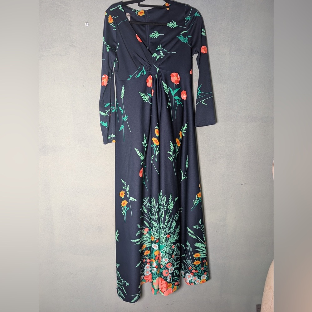 70S Vintage Floral Black Maxi Dress Boho Garden Tea Party